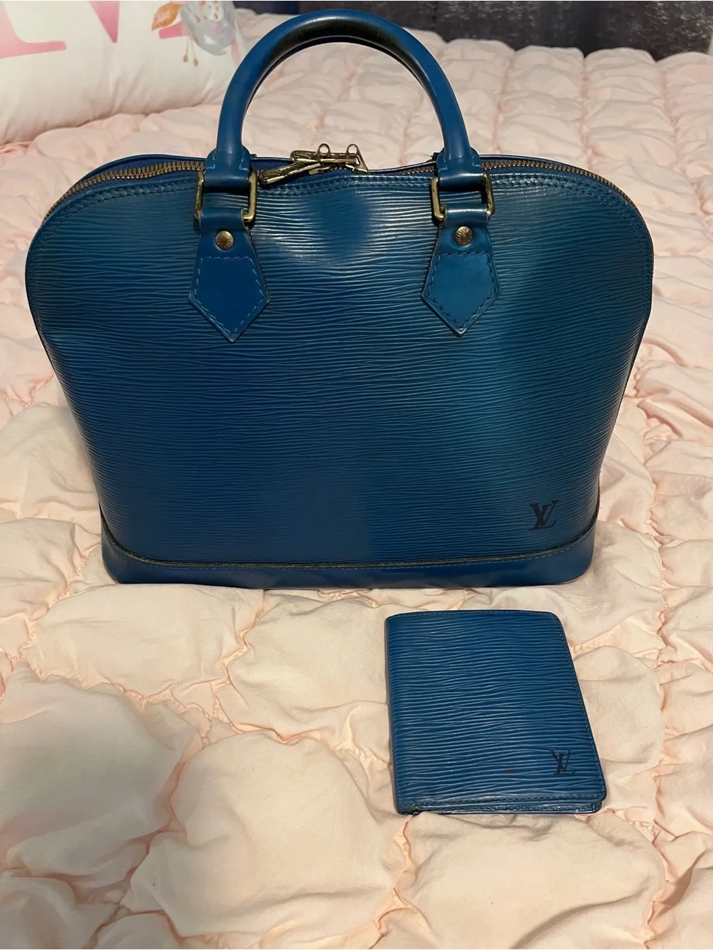 Authentic Louis Vuitton Blue Epi Leather Alma Satchel with Matching Card Holder